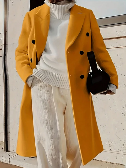 Plus Size Autumn And Winter New Leisure Pure Colour Double-Breasted Jacket Ladies Temperament Elegant Daily