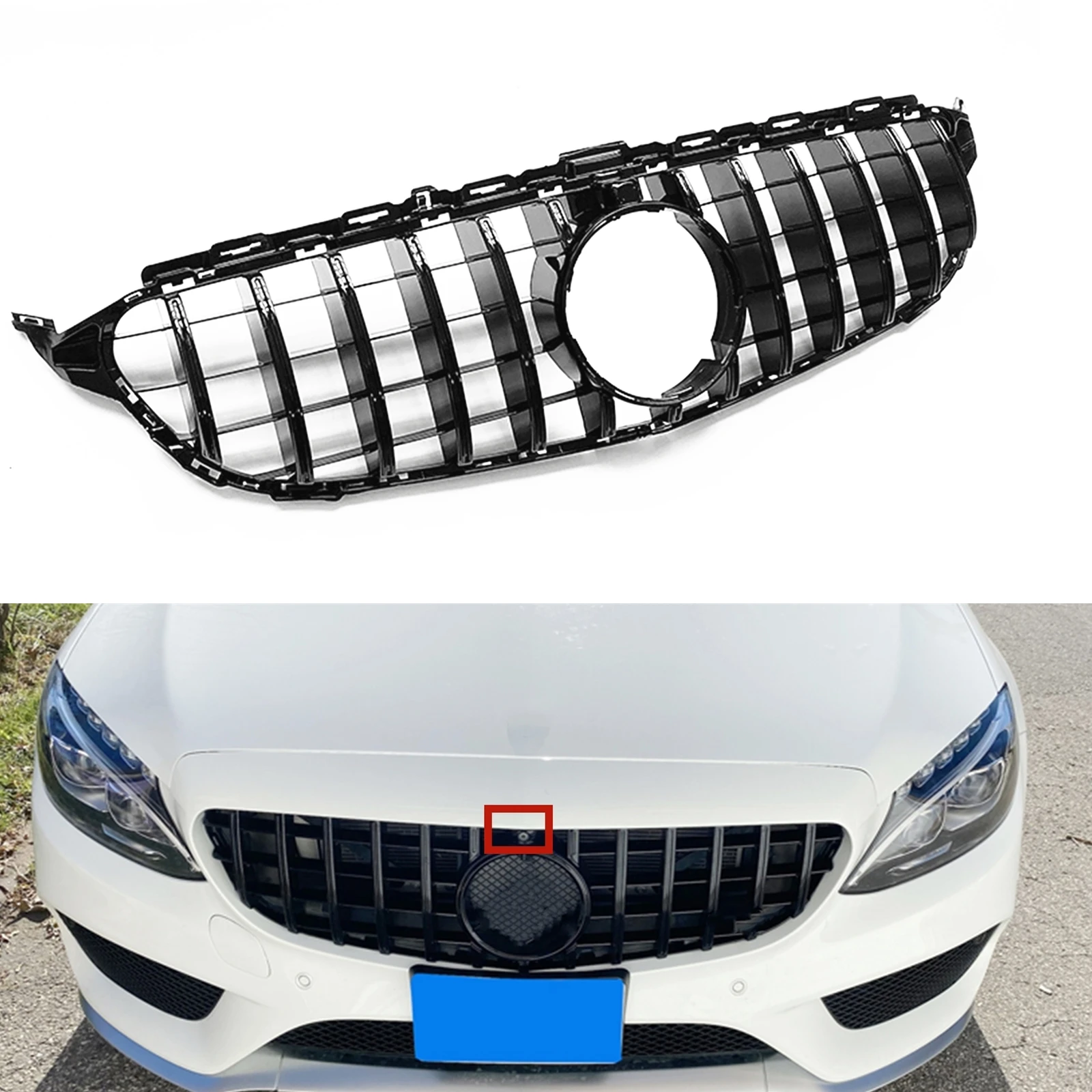 

For Mercedes Benz C Class W205 2015-2018 C200 C250 C300 C350 Front Grille Grill GT Style Black/Silver Car Upper Bumper Hood Mesh