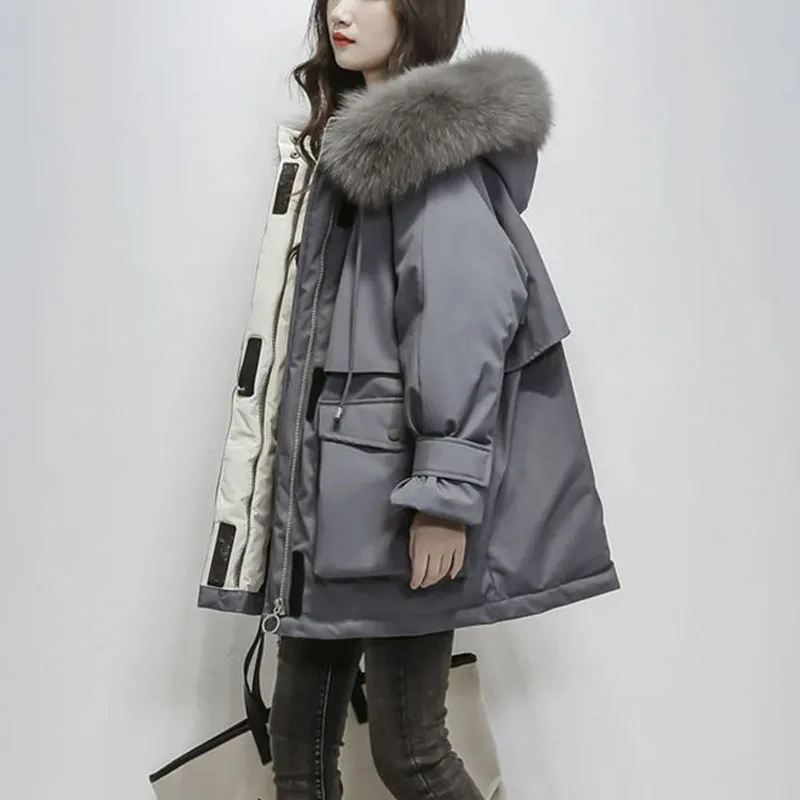 Winter Fluffy Big Fur Collar Hooded Cotton-padded Jacket Women's Mid-length Winter Down Padded Jacket Loose Warm Quilted Jacket main image 1