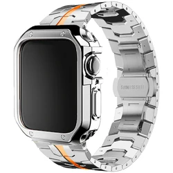 Premium Stainless Steel and TPU Apple Watch Strap with Case for 38mm 40mm 41mm (Silver Orange-S)