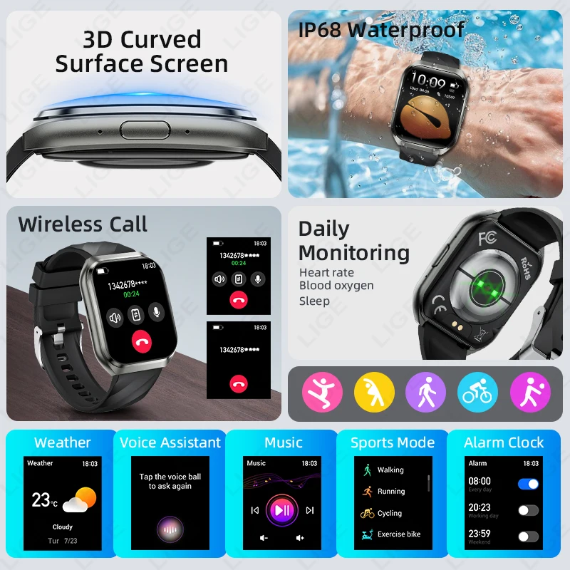 LIGE 1000mAh Large Capacity Battery Smart Watch Men Women 1.83" HD BT Call Heart Rate Sports Tracker Smartwatch For Android iOS
