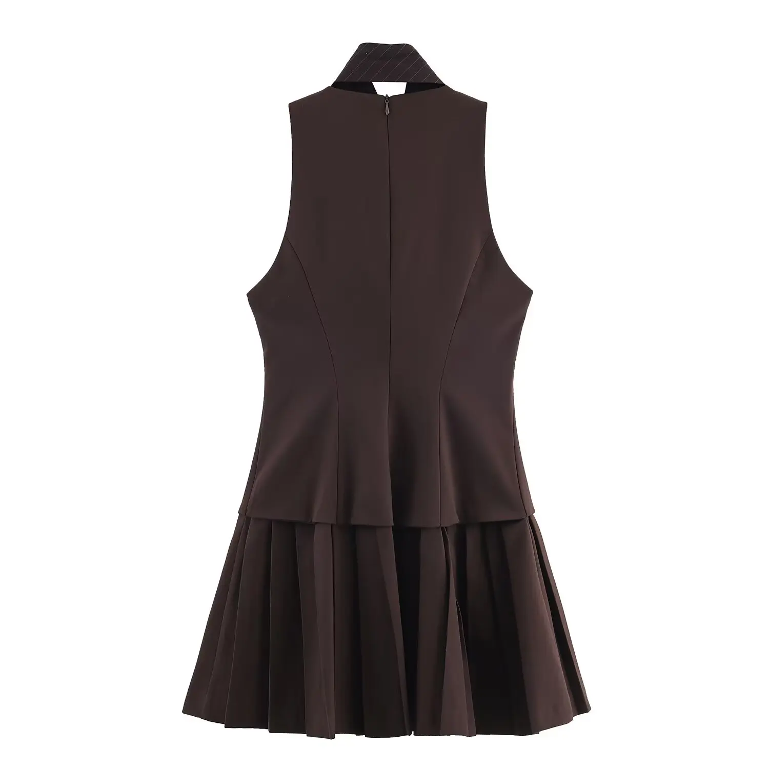 Women's Coffee Collor Mini Dress With Movable Tie Female Sleeveless Short Skirt Pleated Skirt Commuting Casual Skirt Streetwear