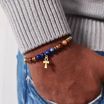 Egyptian cross pendant, lapis lazuli and tiger's eye gemstone beaded bracelet