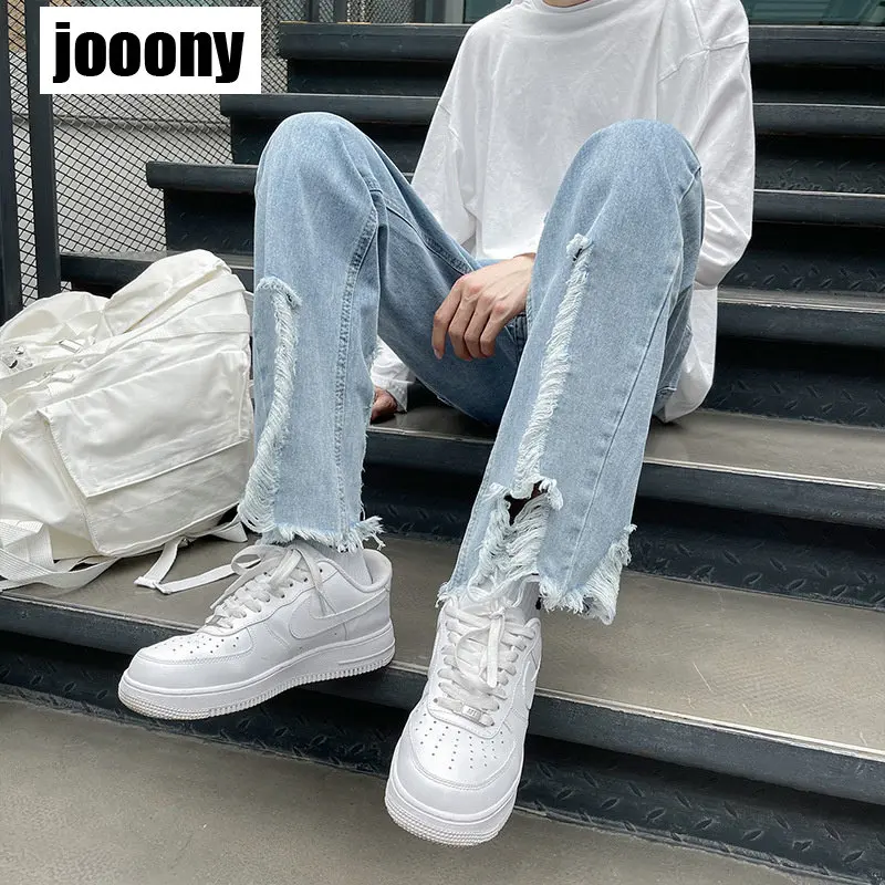 

Spring Autumn High Street Trouser Drop Flare Trouser Perforated Retro Jeans Men's Loose Straight Tube Ragged Edge Design Fashion