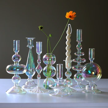 Luxury Iridescent Candle Holders Decor for Table Nordic Rainbow Vase Flower Home Decoration Glass Candlestick Wedding Centerpiec