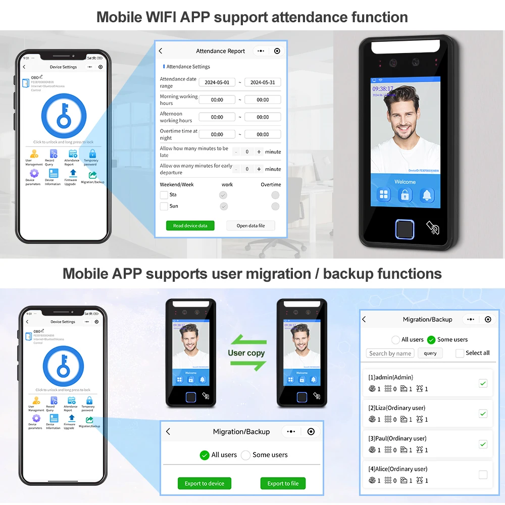 TCP IP WiFi Dynamic Face Recognition Device 5 Inch RFID APP Access Control Keypad Fingerprint Time Attendance System Waterproof