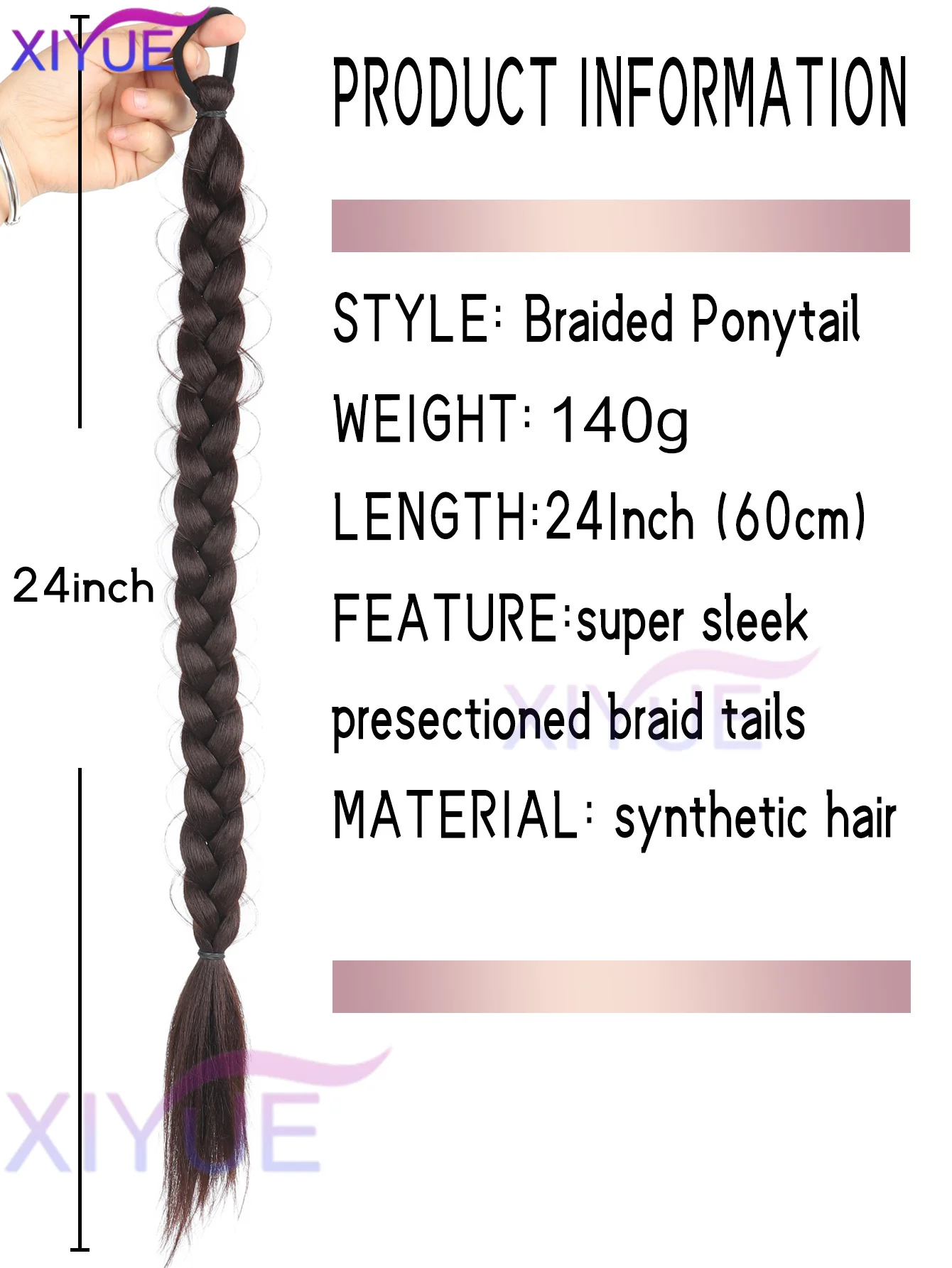 XIYUE Synthetic Long Twist Braid Ponytail Extensions With Rubber Band 24 Inch Boxing Braided Hair Extensions For Women Daily Use
