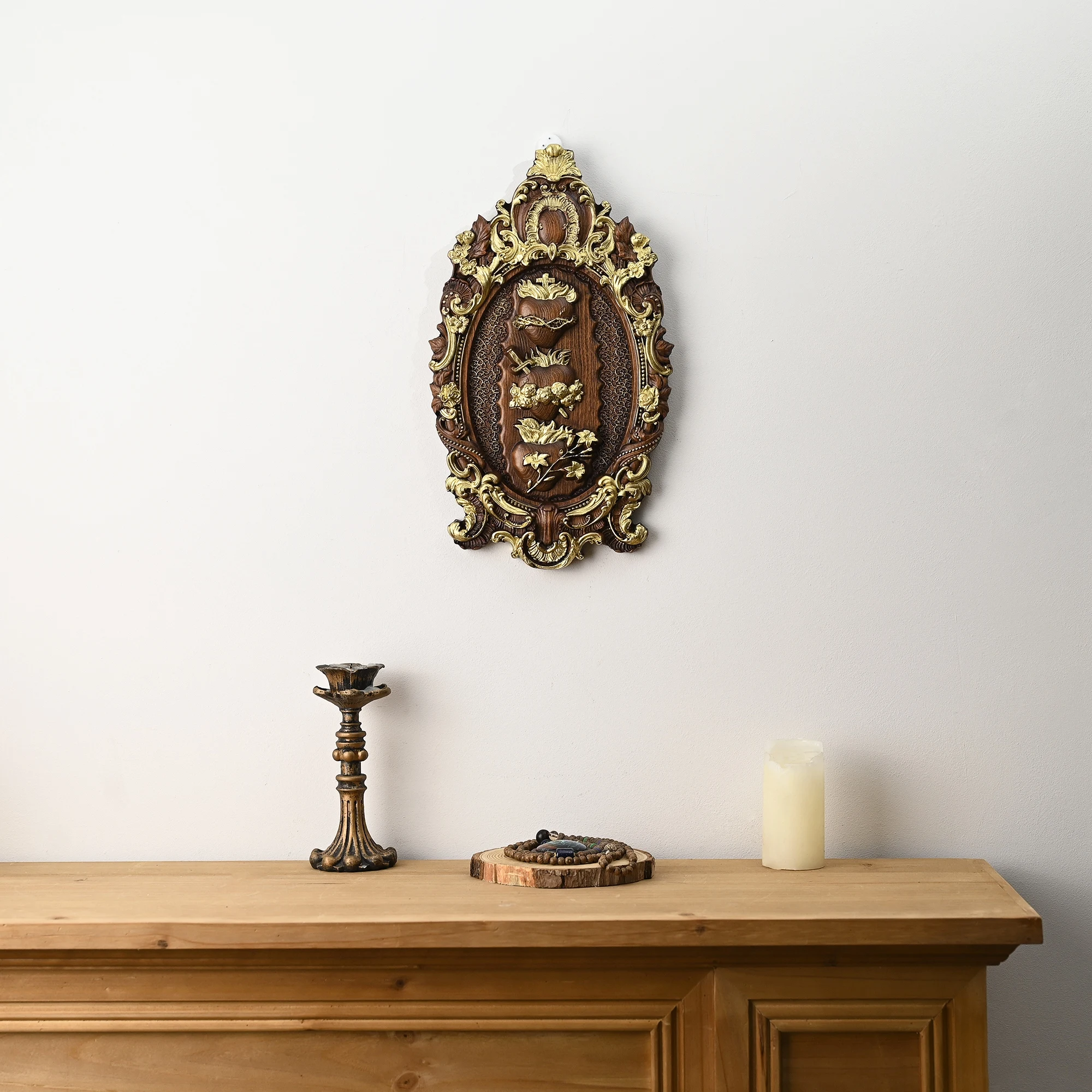 Christian Statue Home Decor Items Holy Family Three Sacred Hearts Christian Wall Art Catholic Statue Ornament Wooden Christmas Decoration Gift