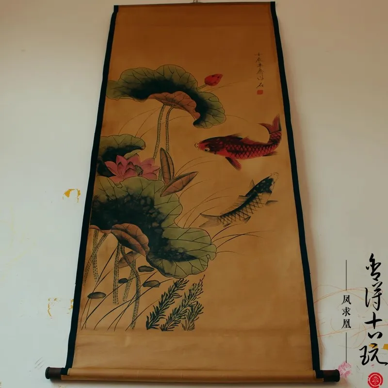 

Rare Hand-painted QingDyansty Chinese vertical axis paintings,Two fish, hand drawn, free shipping