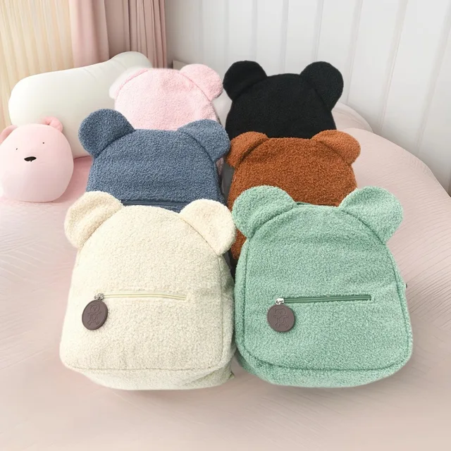 Cute Bear Ear Fleece Backpack for Girls, 1Pcs Warm Lambswool Small Daypack, Kids Casual School Bag Rucksack for Travel Shopping