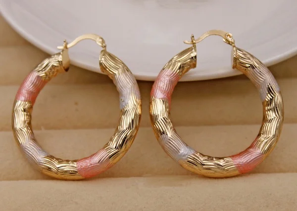 Gold color - Crude Tube Swirl Multilayer Circle 3-Color Plated Earrings - Image 2