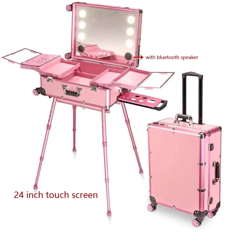 thumbnail image 1 of Nuevo estuche de cosméticos rodante profesional, maleta con ruedas para maquillaje de belleza, espejo con luz LED, equipaje, marco de aluminio, mesa plegable, 1 of 4