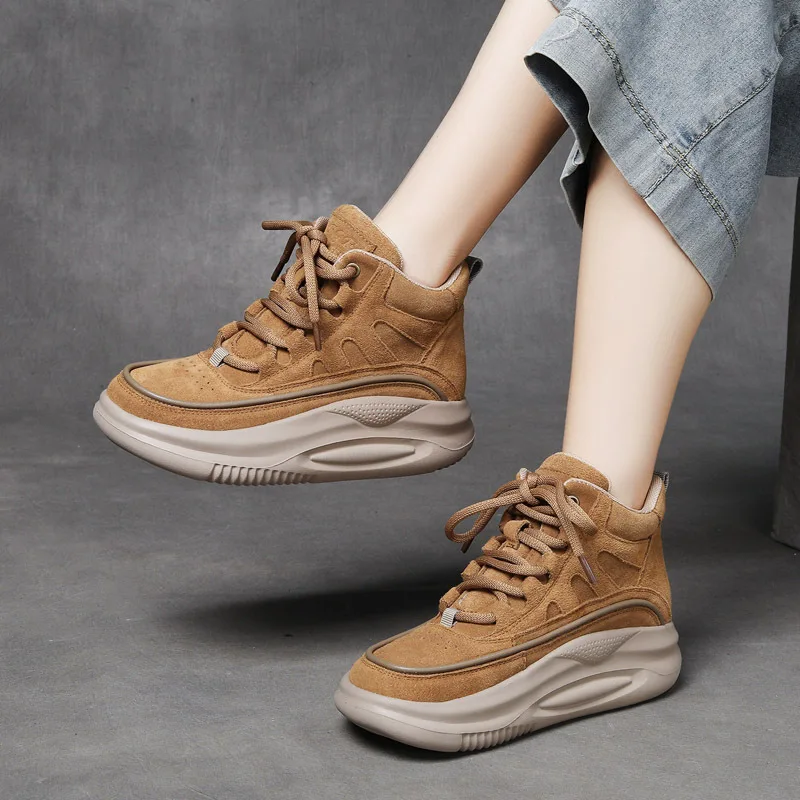 

Birkuir Genuine Leather Thick Heels Boots For Women Round Toe Lace Up Outdoor Sneakers Shoes Luxury Platform Shoes Ankle Boots