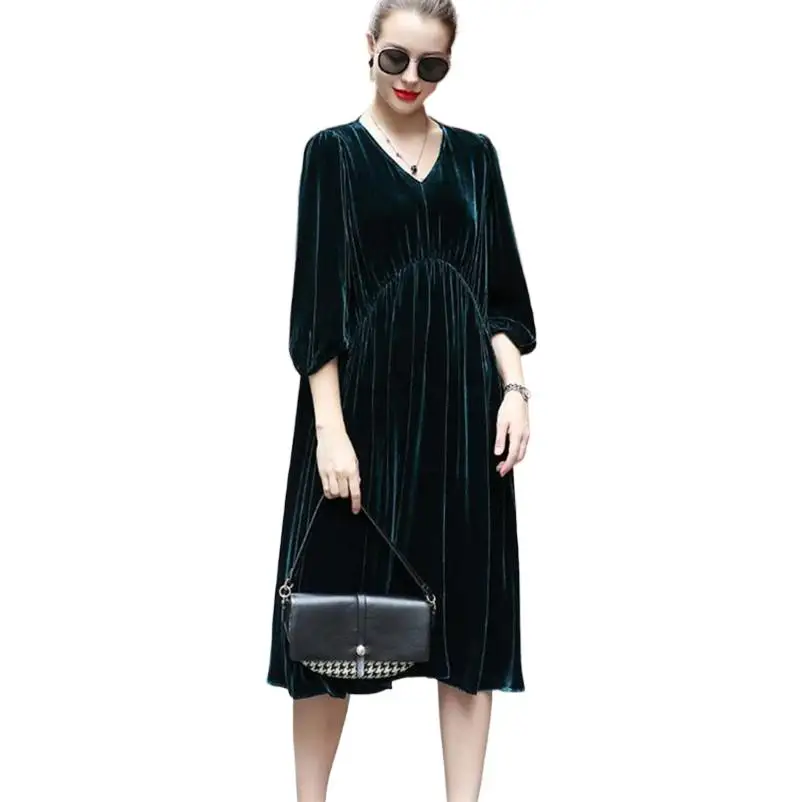 

2024 Women Three Quarter Sleeve Loose Dress V-Neck High Waist Fashion Velvet Dress Elegant Chic Lady Dresses Vestidos Femme Robe