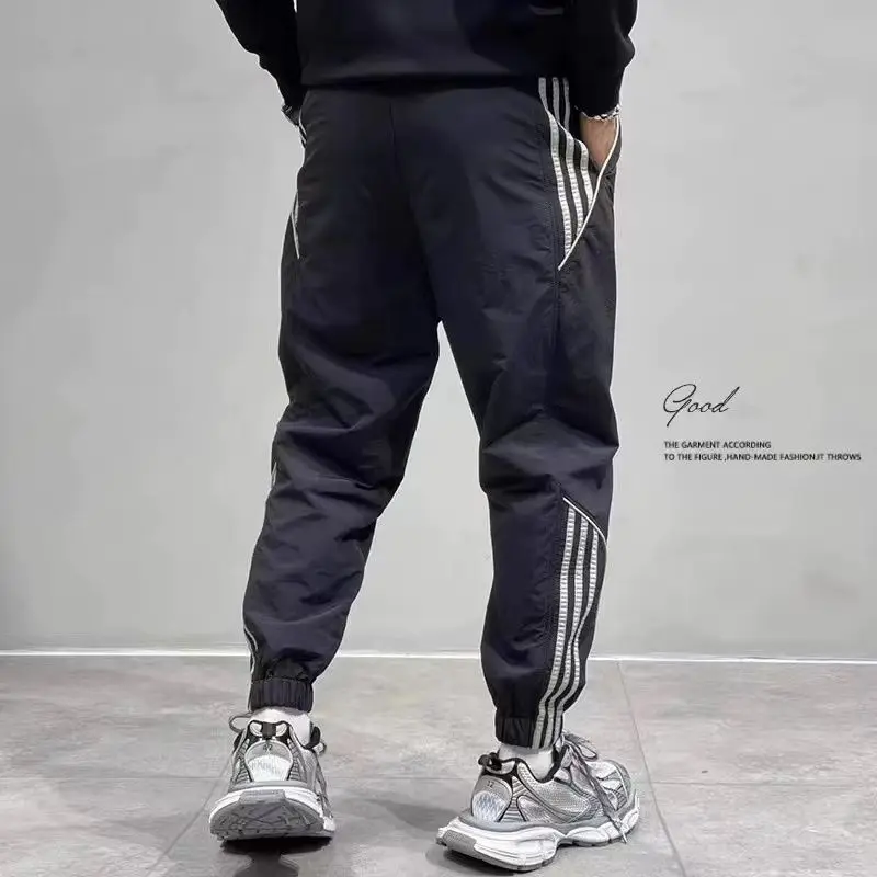 2024 Summer New Men's Ice Shreds Trousers Contrast Color Spliced Elastic Drawstring Loose Trendy Striped Sweatpants Pants