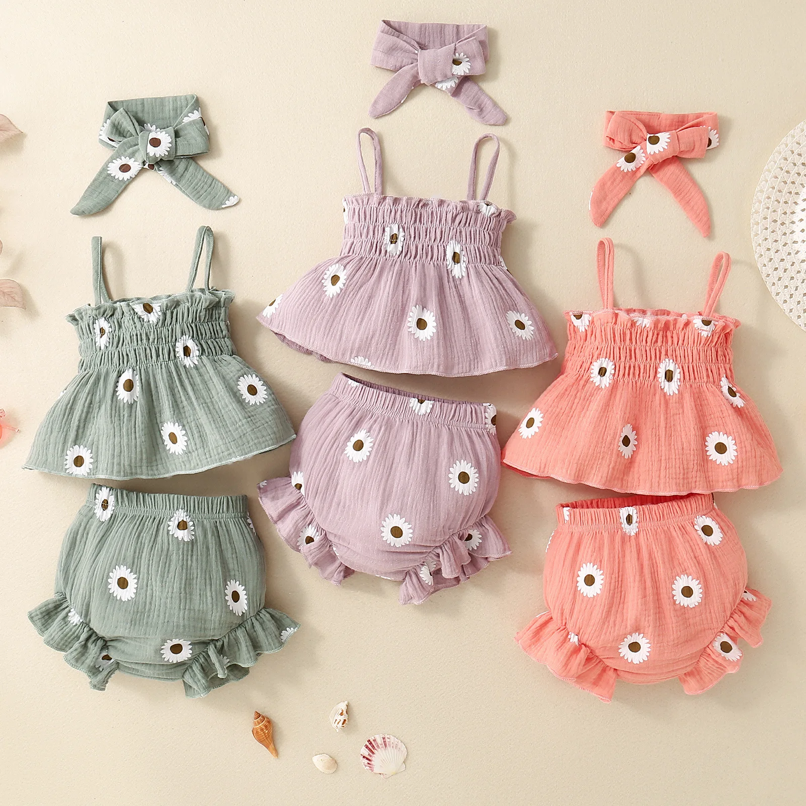 3PCS Summer New Suspender Top and Shorts and Headscark Baby Girls Flower Printing Cute Sweet Beach Resort Style Chil