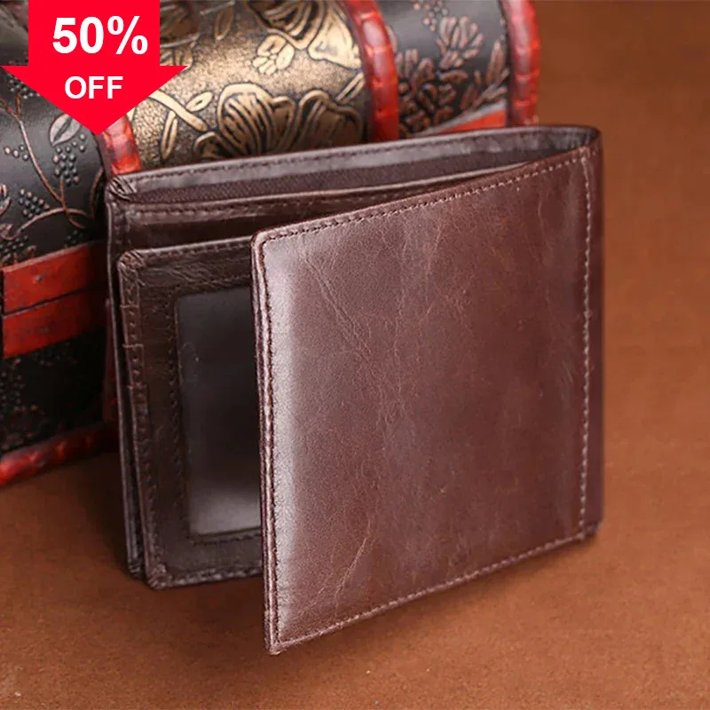 Oil Wax Cowhide Purse Wallets For Women & Men Vintage Famous Brand Pocket ID Cards Holder Coin Genuine Leather Short Wallet