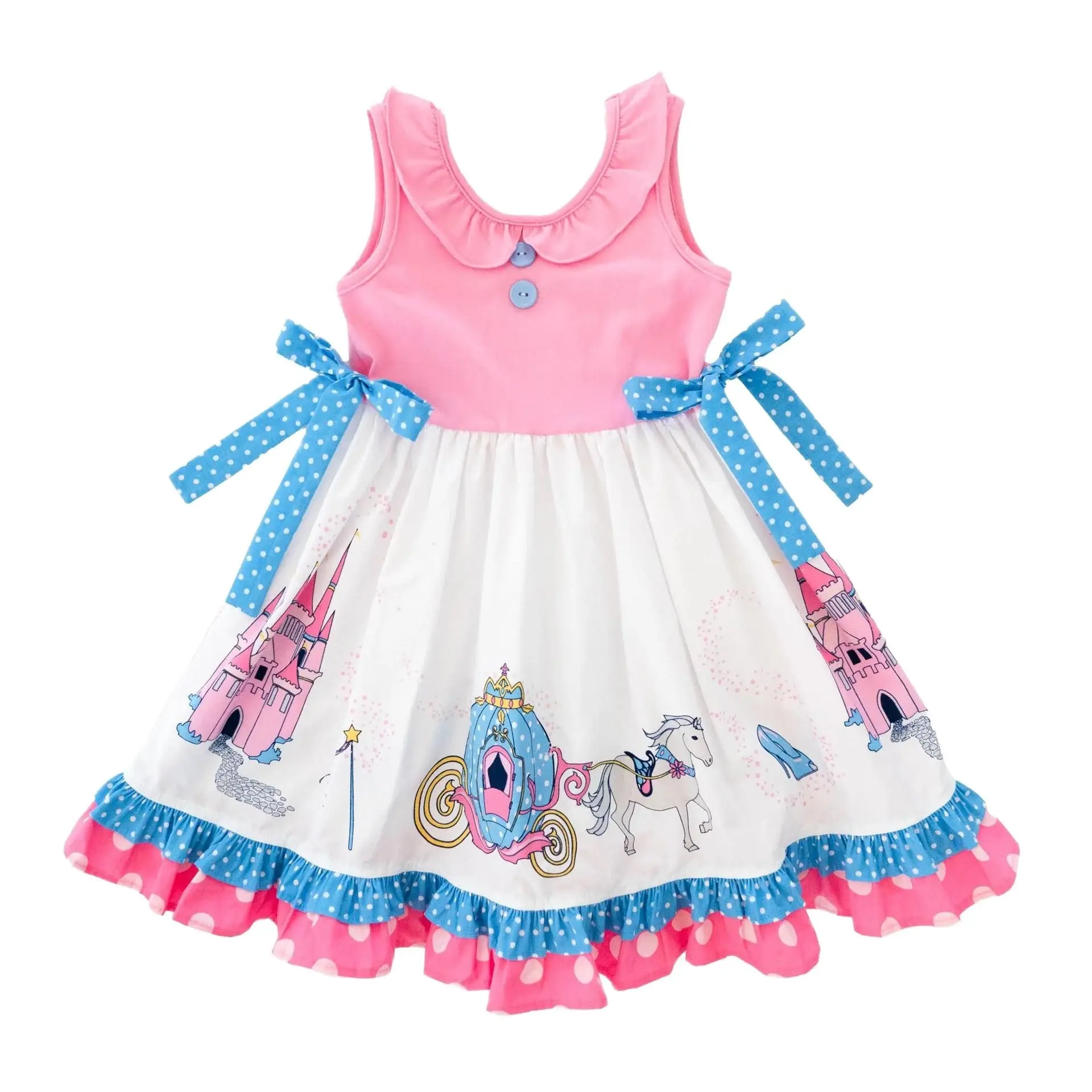 

Summer Boutique Girls Cute Pumpkin Carriage Print Pattern Pink Lace Bow Sleeveless Sling Dress