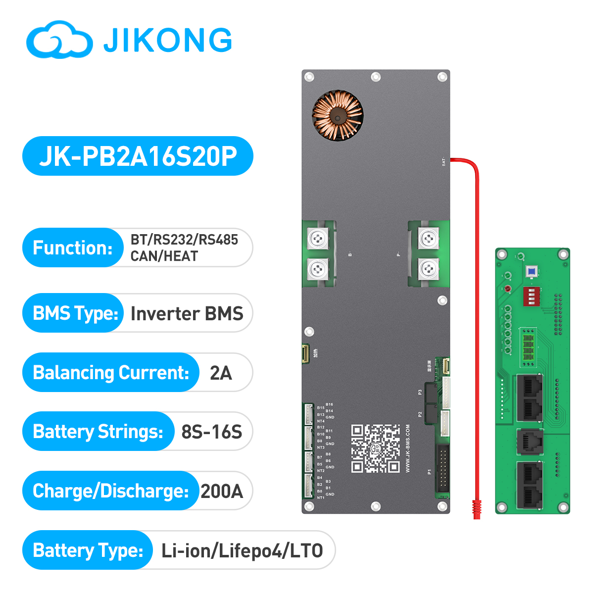 JIKONG Smart BMS JK-PB2A16S20P 8S/16S LiFePo4 Li-Ion LTO BMS 24V 48V Household Energy Battery 100A 150A 200A
