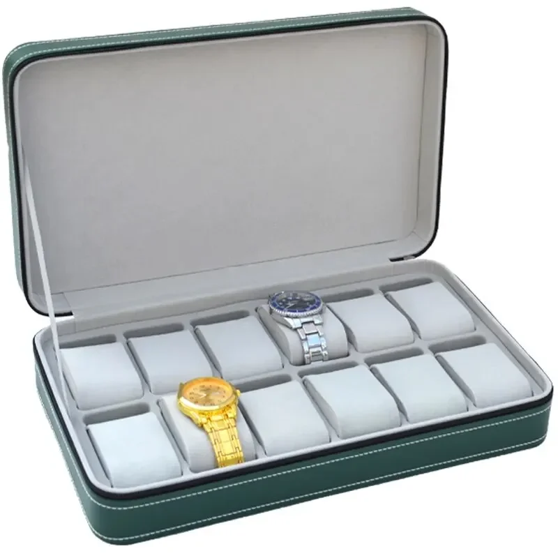 1PCS Green ABS Zippered Watch Box Dustproof Storage Bag PU Leather Display Case Travel Organizer