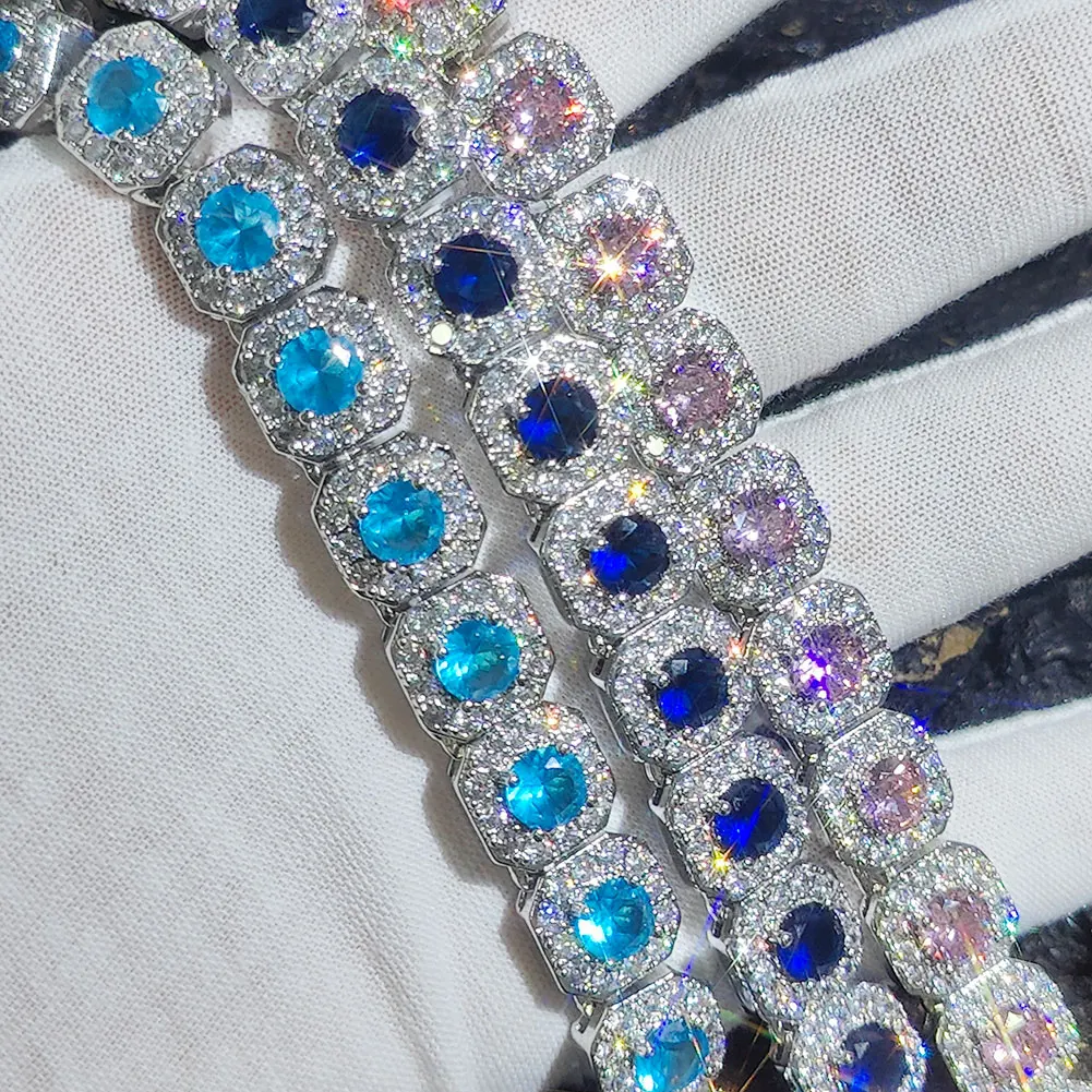 12mm Unisex Square Clustered Tennis Chain Iced Out Colorful Diamond CZ Choker Necklace Hip Hop Jewelry