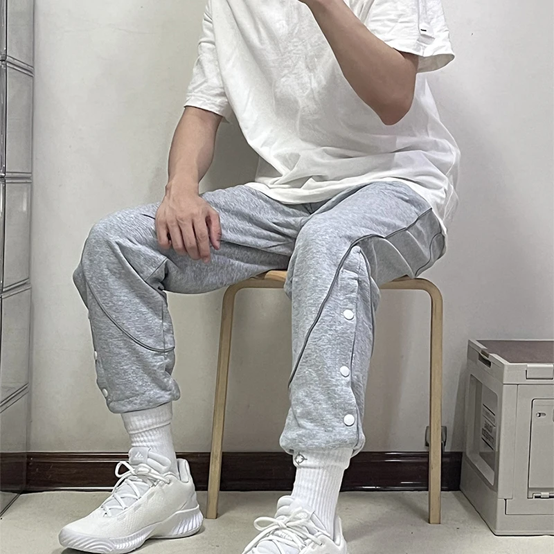 Grey American style sports pants with breasted reflective basketball pants Men's trendy basketball guard pants Loose casual trai