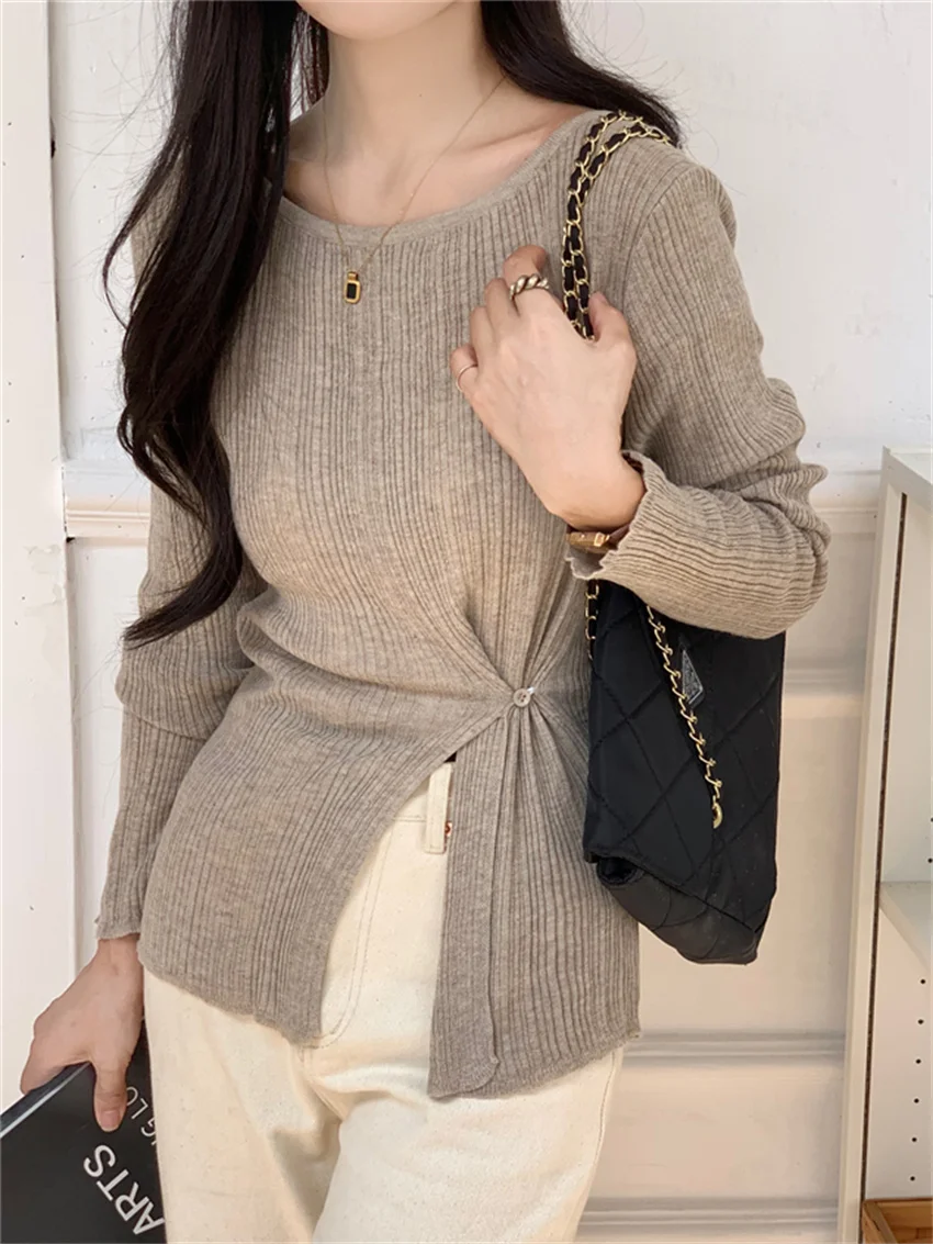 

Женский свитер с разрезом и длинным рукавом Alien Kitty, однотонный тонкий трикотажный Свободный пуловер в офисном стиле, осень 2023