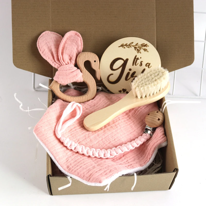 Baby bibs Gift Set With flamingo Teething Pacifier Chain Rattle wool brush New Born Baby Teether Set 1