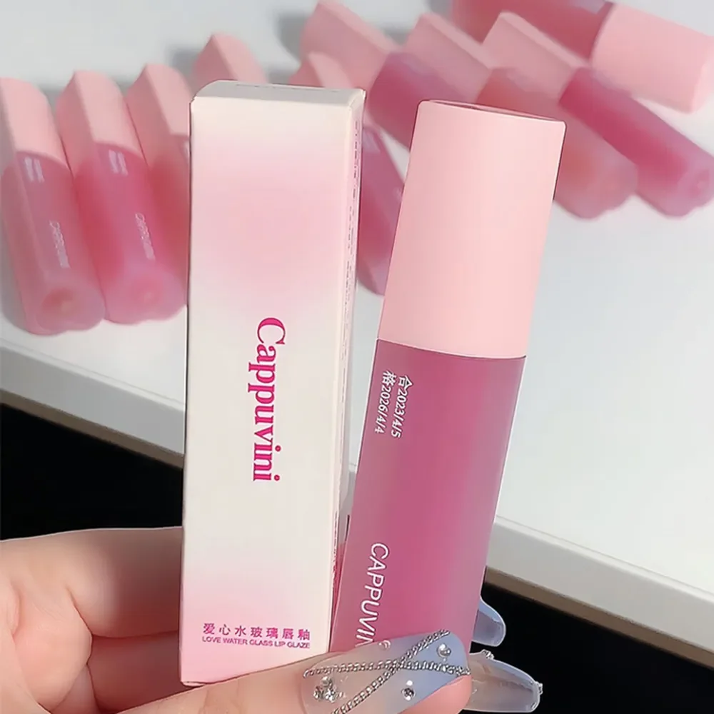 Cappuvini Pink Love Heart Design Lip Glaze Mirror Water Light Glass Transparent Lip Gloss Moisturizing Female Cute Lipstick
