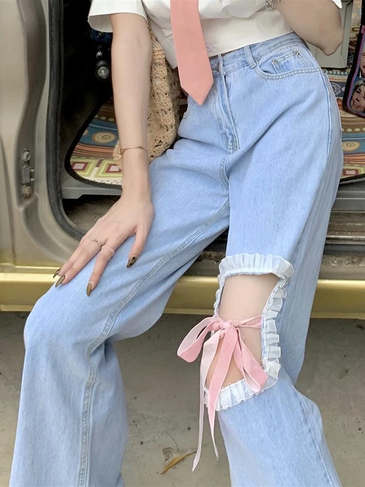 ADAgirl Blue Ripped Jeans for Women Streetwear Baggy Lace Hollow Out Causal Wide Leg Denim Trousers Y2k Cutecore Mujer Pants New