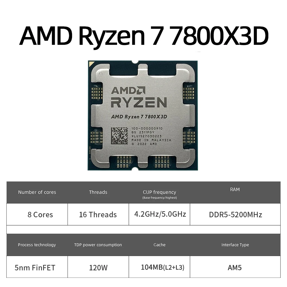 Ryzen-Procesador AMD RYZEN 7 7800X3D, dispositivo de 8 núcleos, 16 hilos, 120W, 5nm, con enchufe AM5