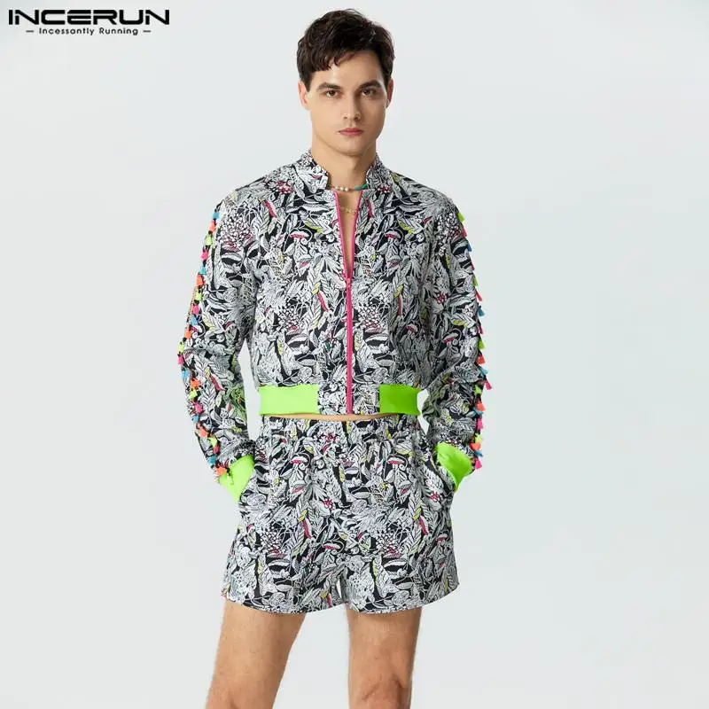 

INCERUN 2023 American Style Men's Casual Sets Long Sleeved Jackets Shorts Fashion Male Splicing Leaf Print Two-piece Sets S-5XL