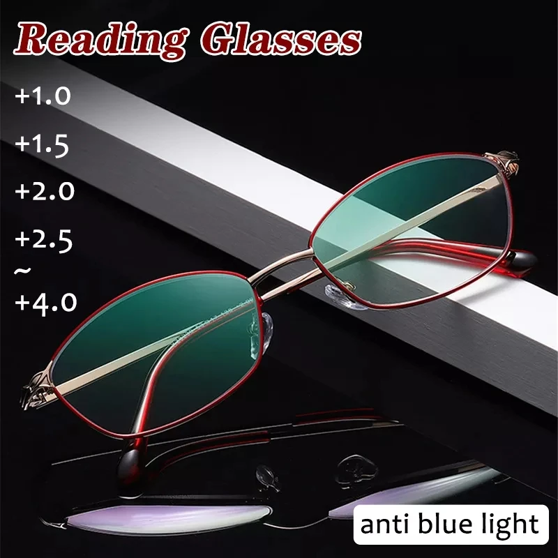 

Fashion Reading Glasses Women Anti Blue Light Glasses Metal Frame Radiation Protection HD Presbyopic Glasses +1.0 To +4.0