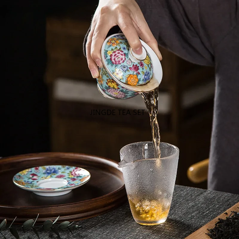 150ml Palace Luxury Enamel Ceramic Cover Bowl Hand drawn Flower Pattern Travel Tea Set