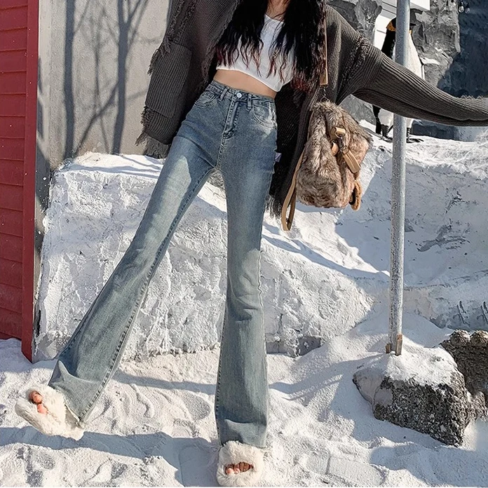 Micro denim jeans female 2024 Korean version of high-waisted thin Slim elastic high street small horseshoe flare pants