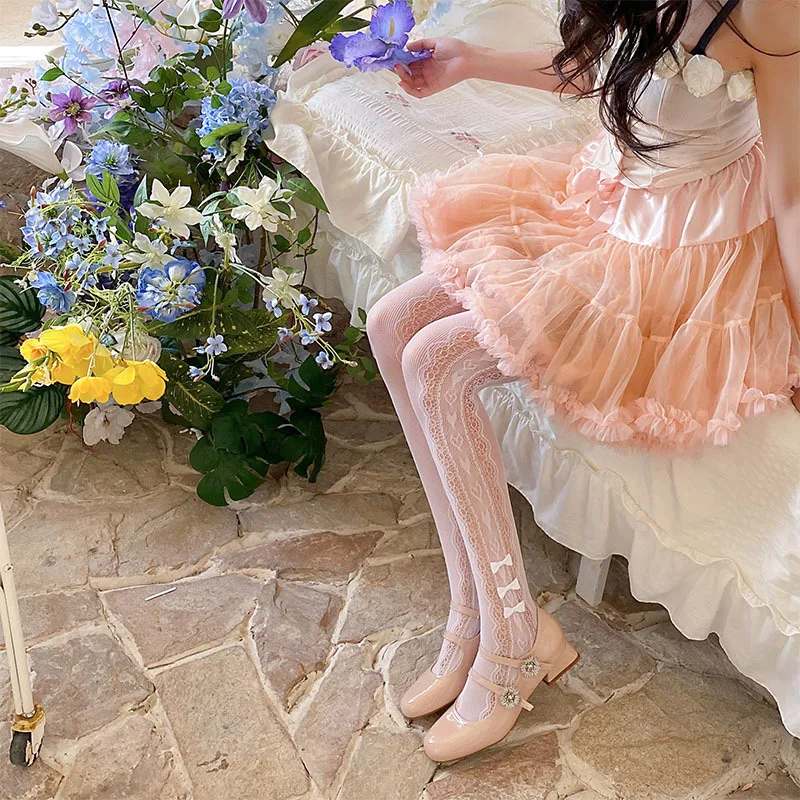 Pantyhose women, Japanese and Korean sweet bow lace mesh side cutout mesh pure desire sexy summer stockings