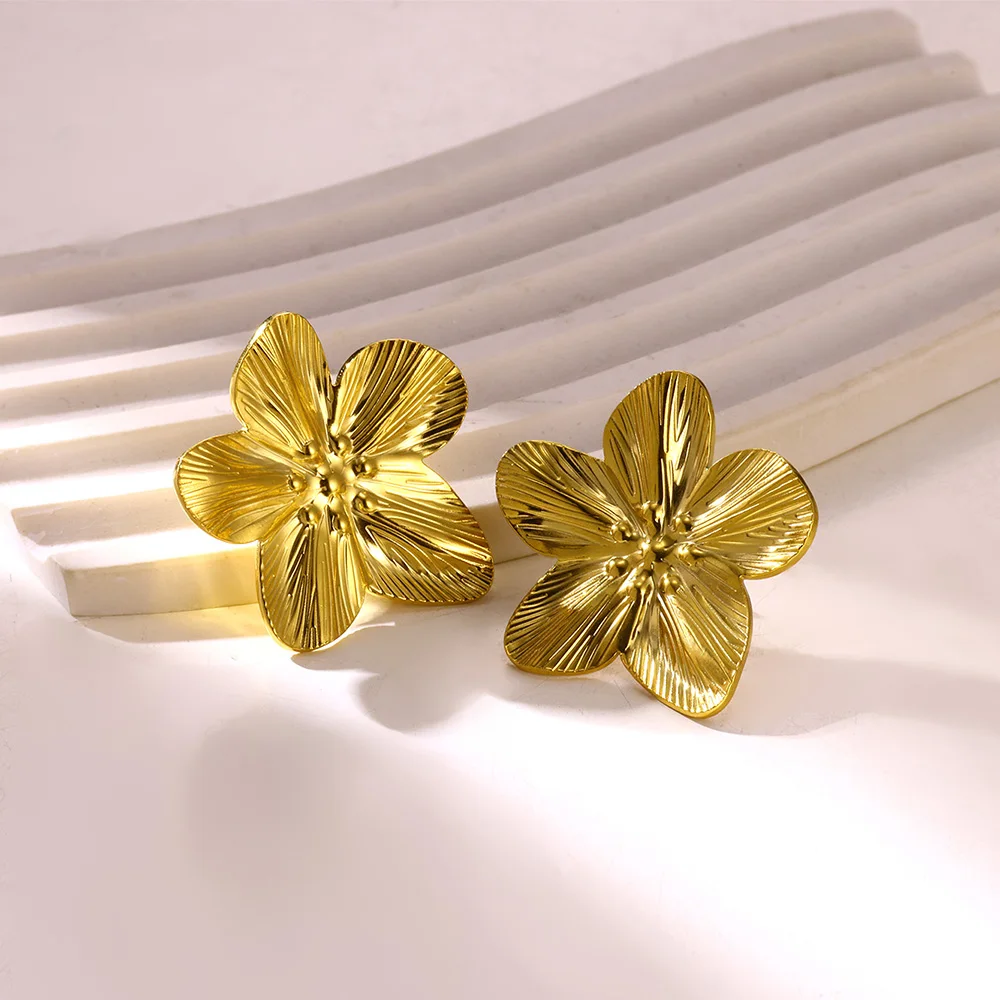 Elegant Flower Earrings For Women Gold Color Stainless Steel