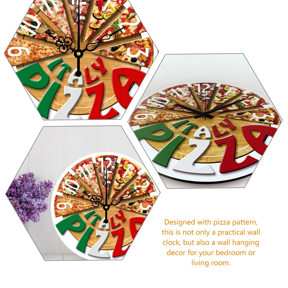 Modern Silent Pizza Wall Clock Fiber Wood Home Decor Living Room Battery Operated Non Ticking Large Style