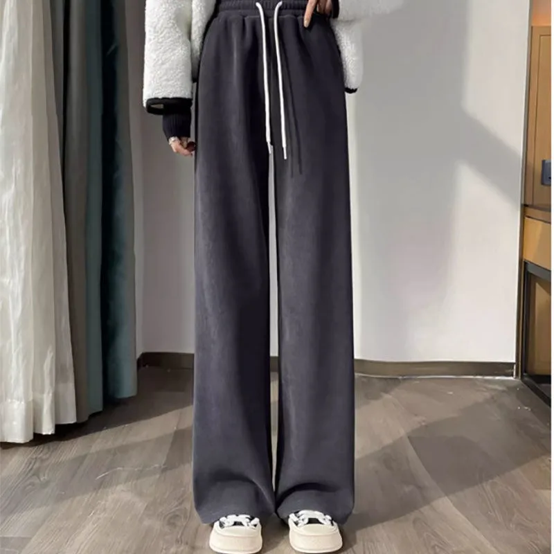 Autumn Winter New Fashion Elegant High Waist Pocket Casual Versatile Western Commuting Wide Leg Loose Solid Clothing Women Pants