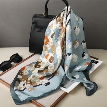 Luxury Silk Shawl Fat Cat Square Scarf for Women Satin Hijab Fashion Wraps Neckerchief Female Hair Bands Ribbon Headband Bandana