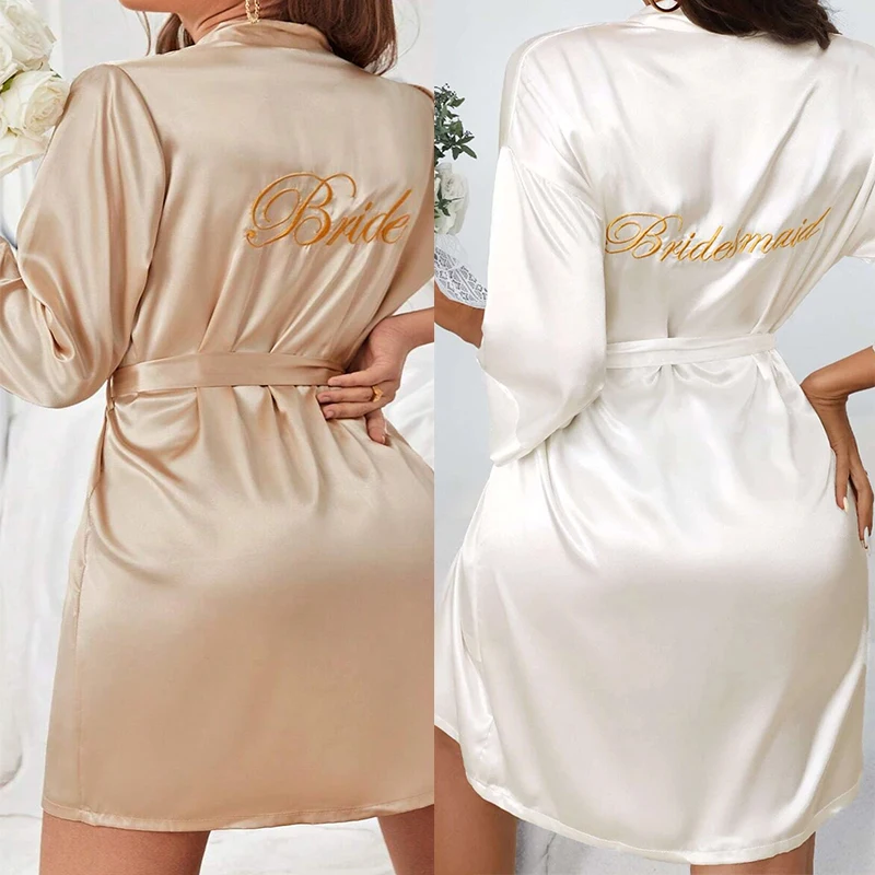 Bride Bridesmaid Wedding Robe Embroidery Kimono Bathrobe Gown Nightgown Casual Satin Short Women Sexy Nightwear Sleepwear women sleepwear bride robes sleepwear pajamas