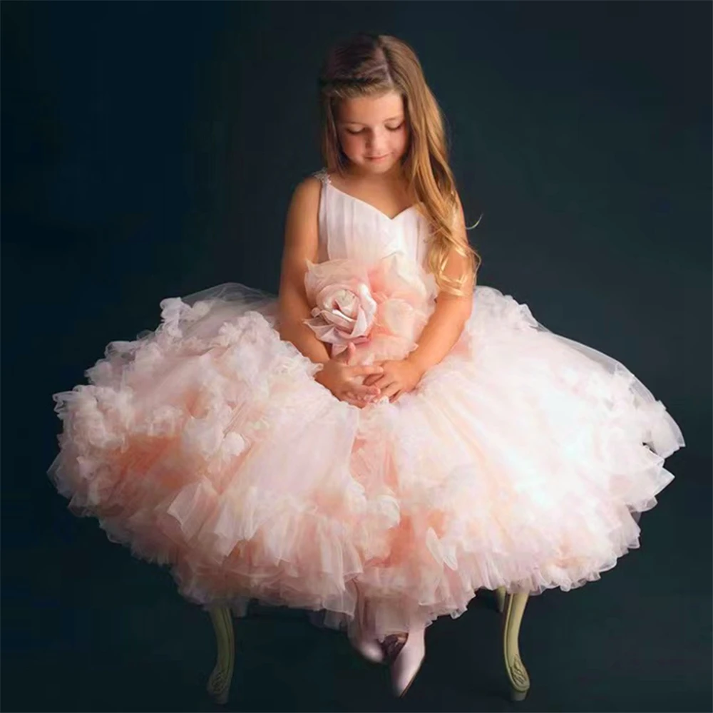 

Sleeveless Tulle Lace Decal Layered Flower Girl Dress Princess Ball First Communion Dresses Kids Surprise Birthday Present