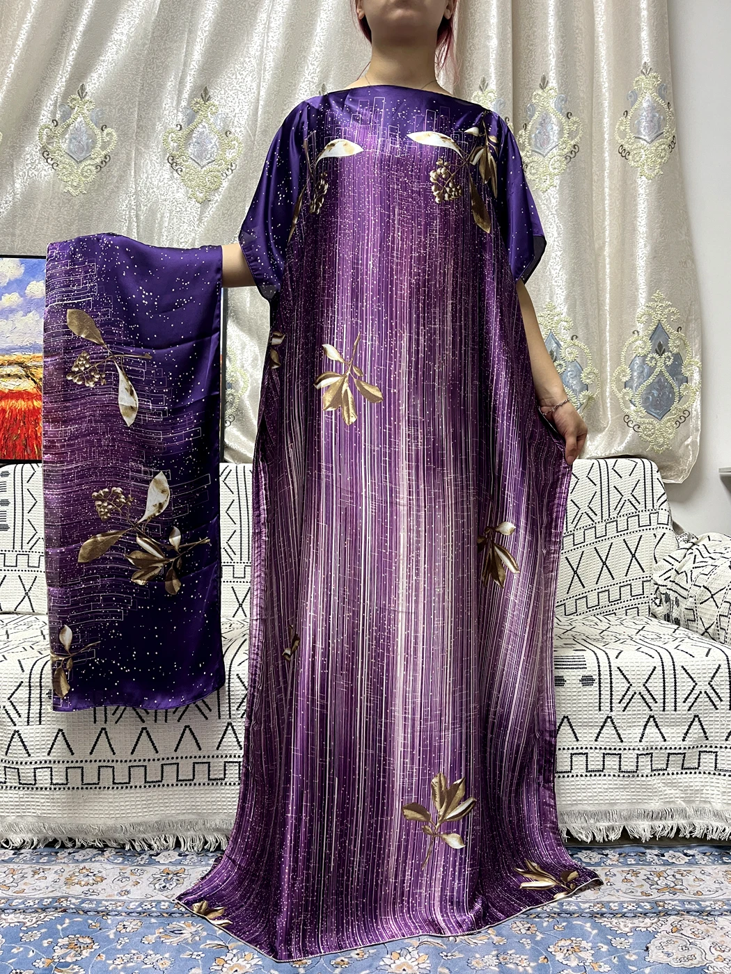 Muslim Abayas For Women 2023 Fashion Printed Satin Silk Loose Femme Robe African Nigeria Party Evening Dresses With Turban Belt