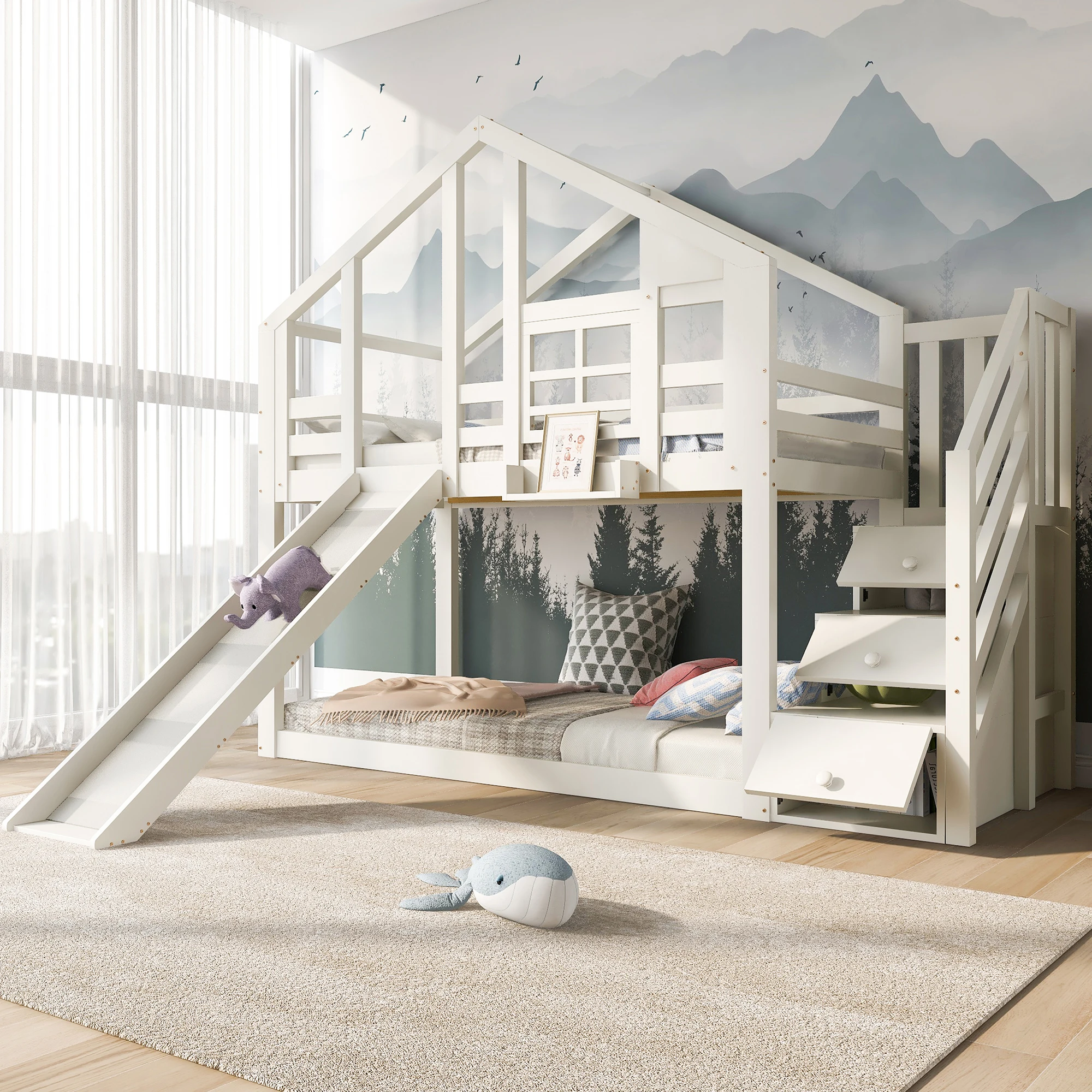Kinder-Baumhausbett 90 x 200 cm, Etagenbett für Kinder im Fensterdesign mit Rutsche und Absturzsicherung, Weiß – Detail 14
