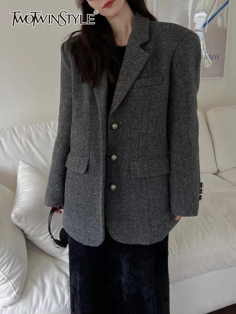 

TWOTWINSTYLE Colorblock Patchwork Pocket Blazer For Women Notched Collar Long Sleeve Spliced Button Vintage Blazers Female New