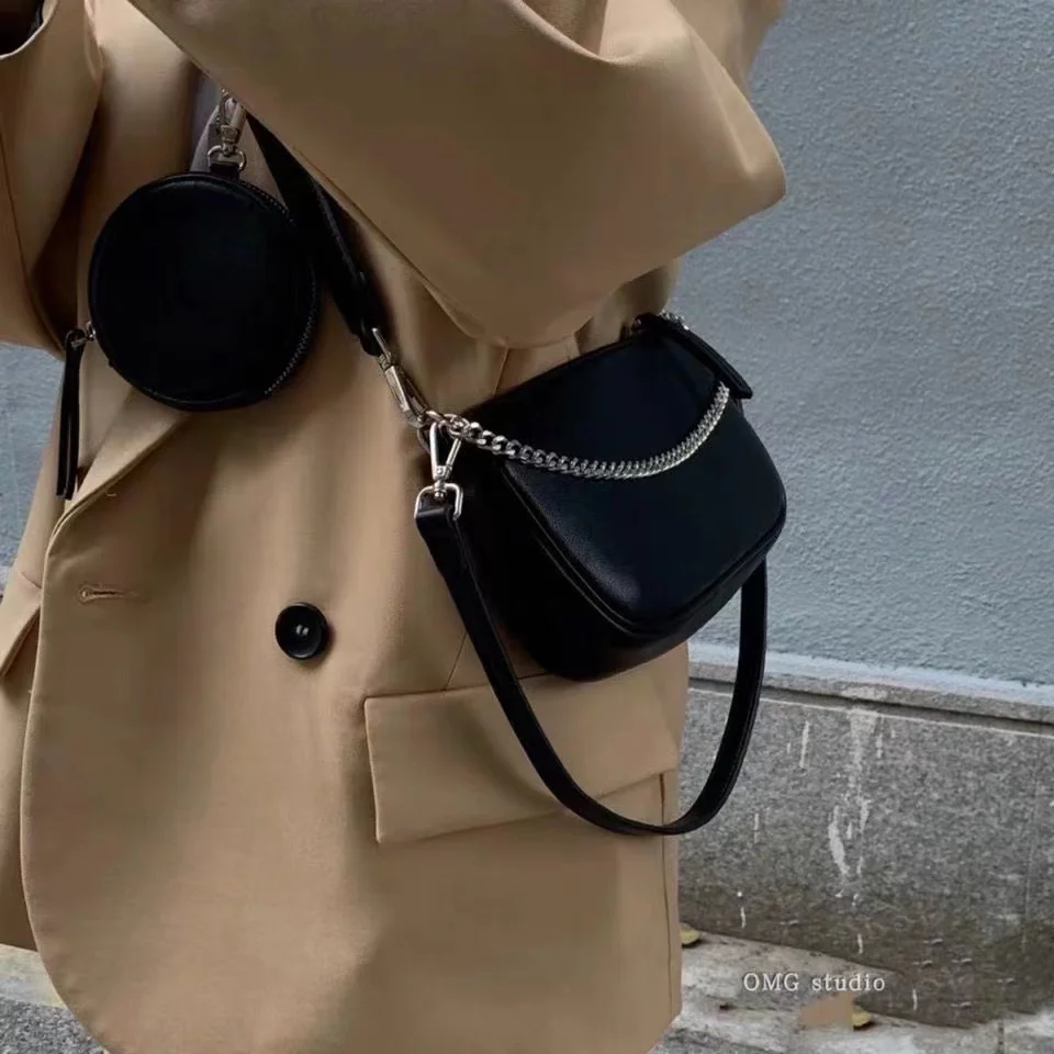 

Шикарная черная кожаная сумка через плечо, женский элегантный круглый кошелек, модная сумка через плечо с цепочкой, Повседневная сумка, Модный Круглый клатч