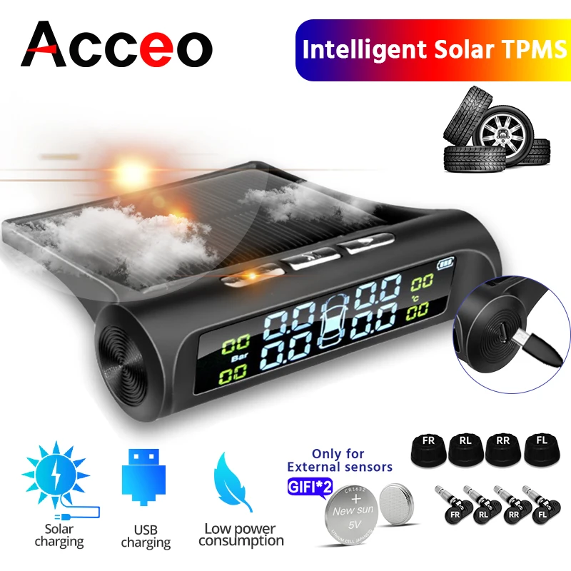 ACCEO Car Safety Tire Pressure Alarm System Solar Power Digital Display Smart Car Tire Pressure Monitoring System 4 TPMS sensor