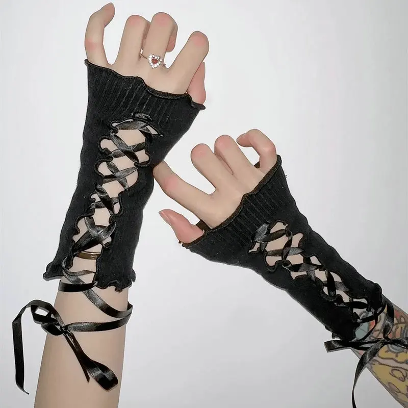 Y2K Women Lolita Lace DIY Strapping Fingerless Gloves Gothic