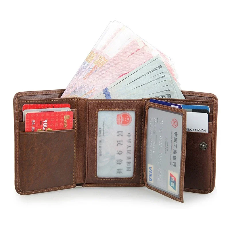 Genuine Leather Men Short Wallet RFID Purse Card Holder