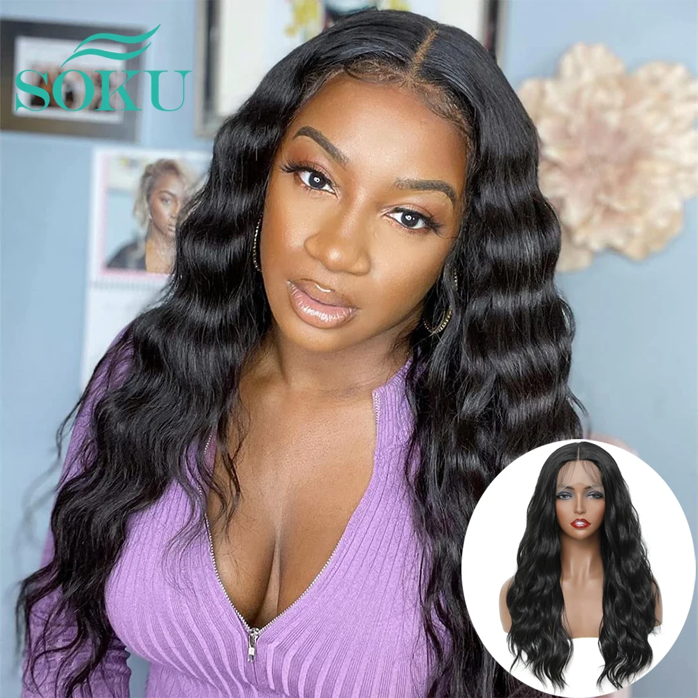 

SOKU Synthetic Lace Front Wig Black Color Natural Wave Wigs With Baby Hair Middle Part Lace Wig For Black Women Heat Resistant